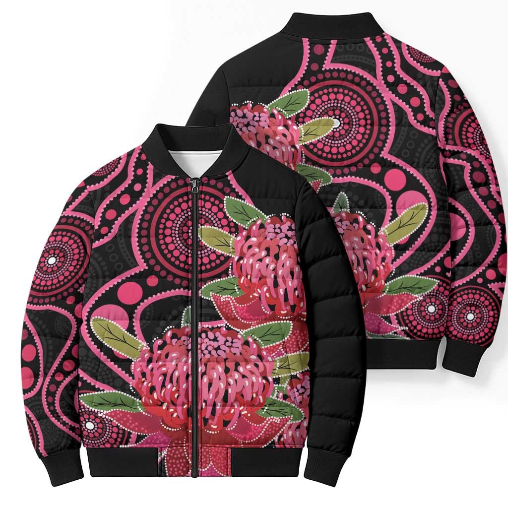 Australia Waratah Bomber Puffer Jacket Telopea Aussie Native Flowers Indigenous Art - Aussie Hoodie