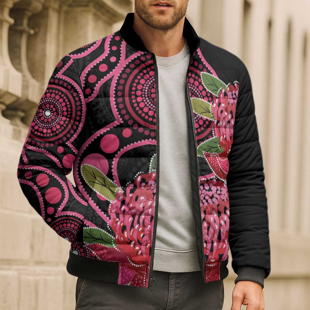 Australia Waratah Bomber Puffer Jacket Telopea Aussie Native Flowers Indigenous Art - Aussie Hoodie