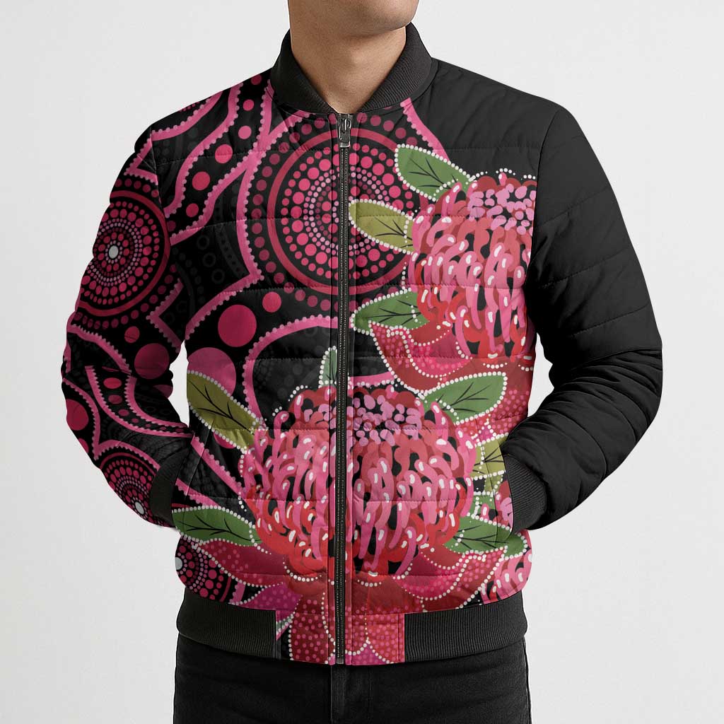 Australia Waratah Bomber Puffer Jacket Telopea Aussie Native Flowers Indigenous Art - Aussie Hoodie
