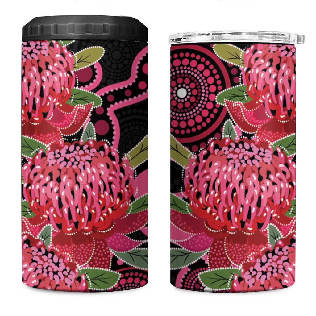 Australia Waratah 4 in 1 Can Cooler Tumbler Telopea Aussie Native Flowers Indigenous Art - Aussie Hoodie