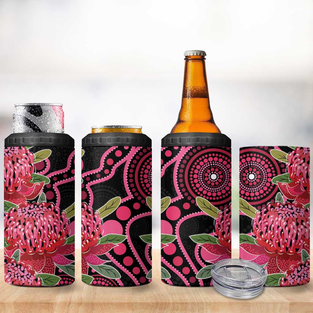 Australia Waratah 4 in 1 Can Cooler Tumbler Telopea Aussie Native Flowers Indigenous Art - Aussie Hoodie