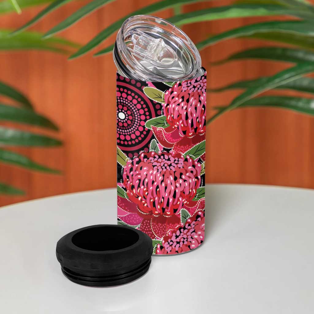 Australia Waratah 4 in 1 Can Cooler Tumbler Telopea Aussie Native Flowers Indigenous Art - Aussie Hoodie