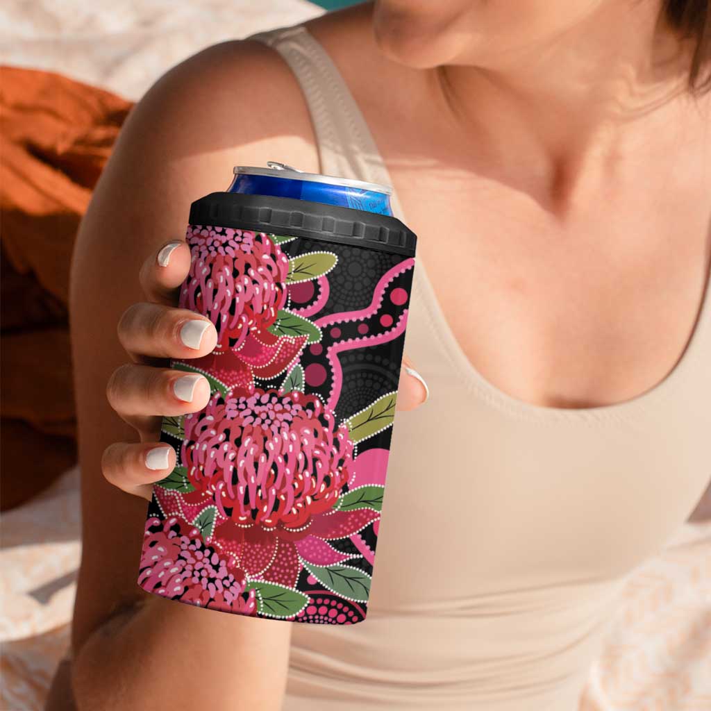 Australia Waratah 4 in 1 Can Cooler Tumbler Telopea Aussie Native Flowers Indigenous Art - Aussie Hoodie