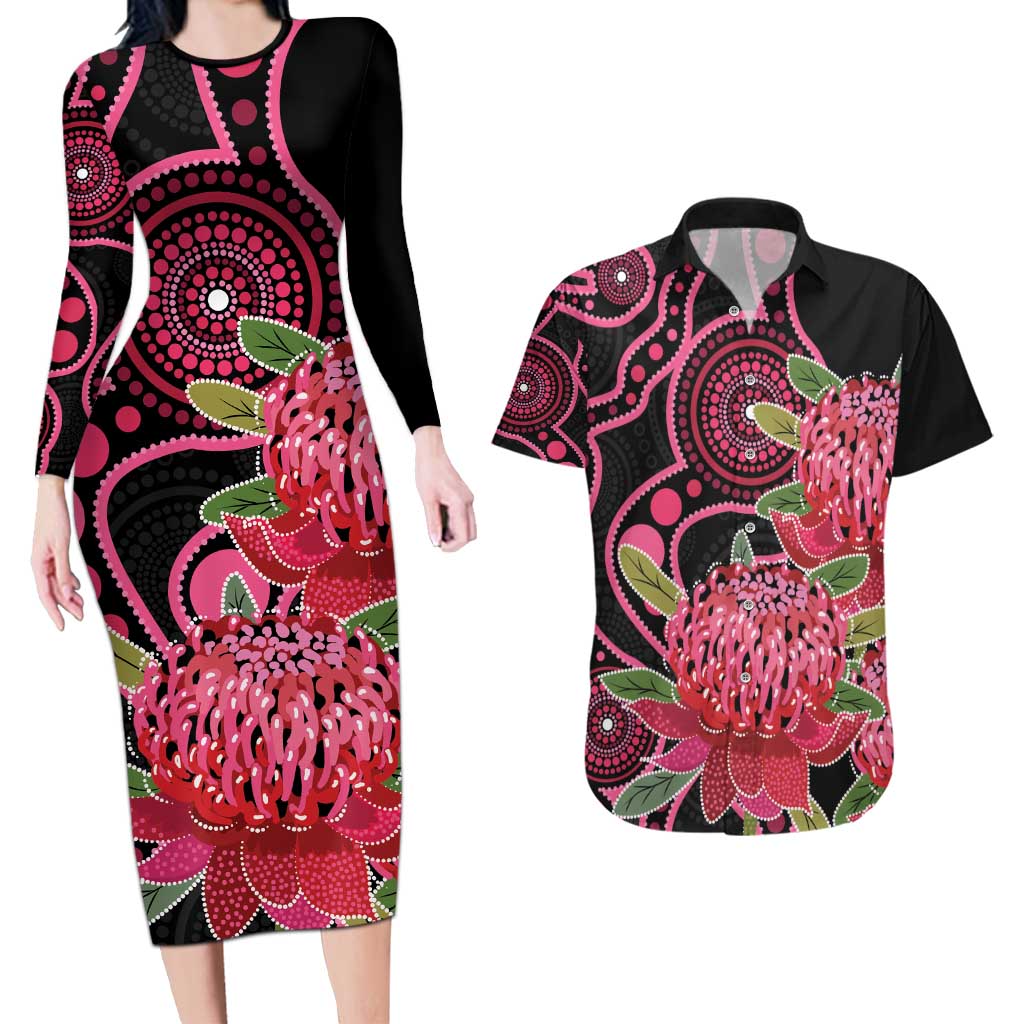 Australia Waratah Couples Matching Long Sleeve Bodycon Dress and Hawaiian Shirt Telopea Aussie Native Flowers Indigenous Art - Aussie Hoodie
