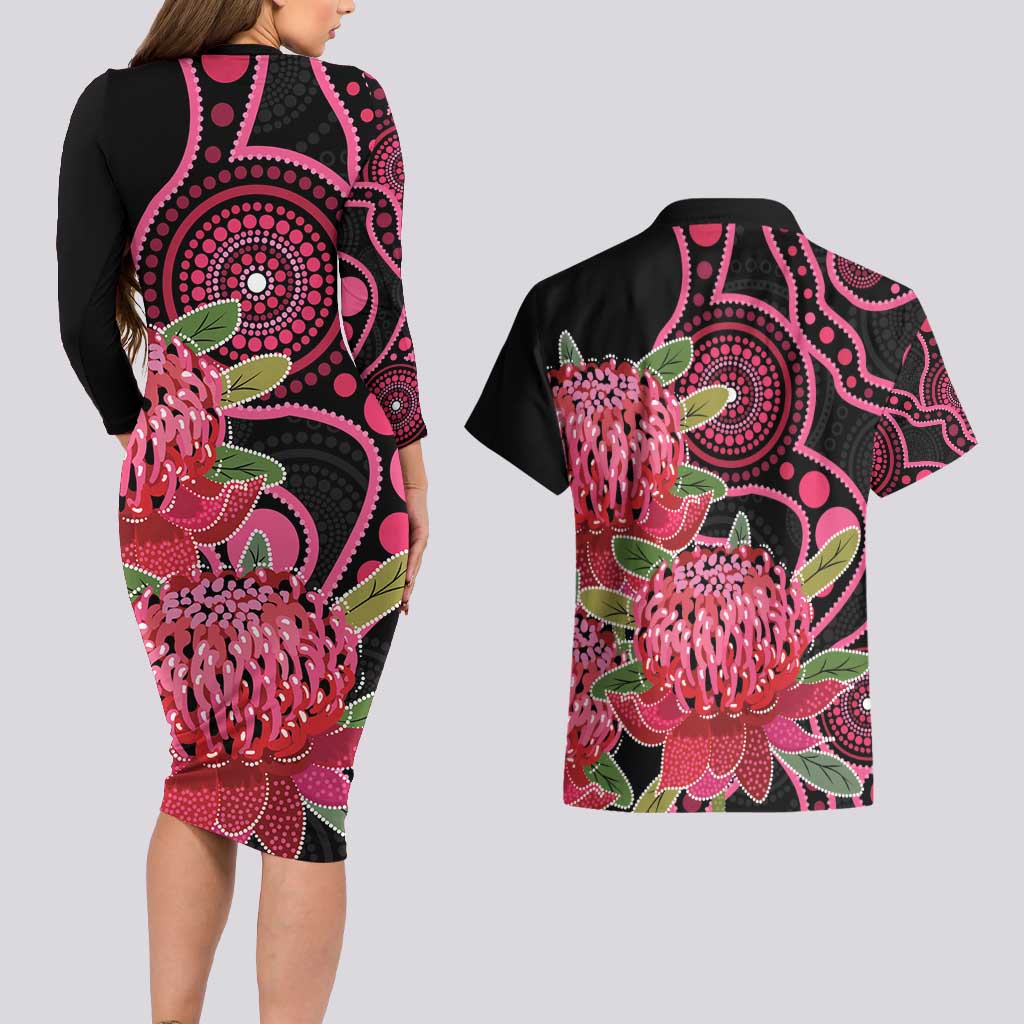 Australia Waratah Couples Matching Long Sleeve Bodycon Dress and Hawaiian Shirt Telopea Aussie Native Flowers Indigenous Art - Aussie Hoodie