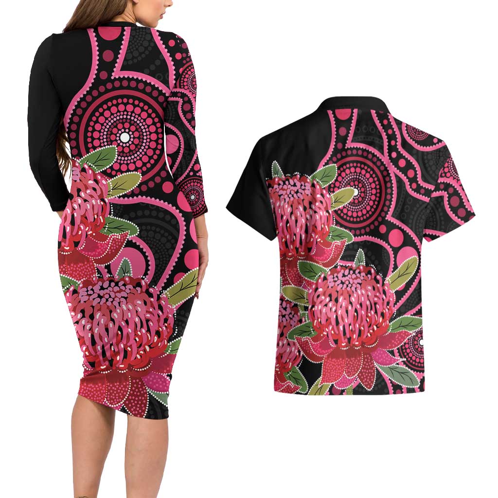 Australia Waratah Couples Matching Long Sleeve Bodycon Dress and Hawaiian Shirt Telopea Aussie Native Flowers Indigenous Art - Aussie Hoodie