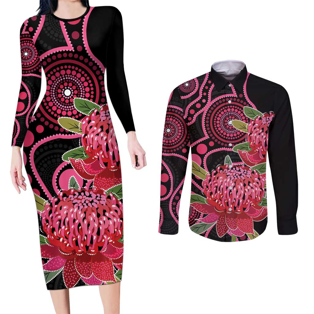 Australia Waratah Couples Matching Long Sleeve Bodycon Dress and Long Sleeve Button Shirt Telopea Aussie Native Flowers Indigenous Art - Aussie Hoodie