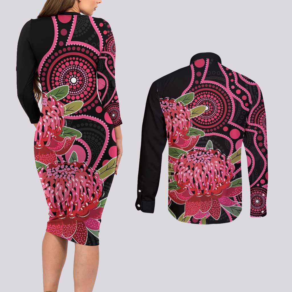 Australia Waratah Couples Matching Long Sleeve Bodycon Dress and Long Sleeve Button Shirt Telopea Aussie Native Flowers Indigenous Art - Aussie Hoodie