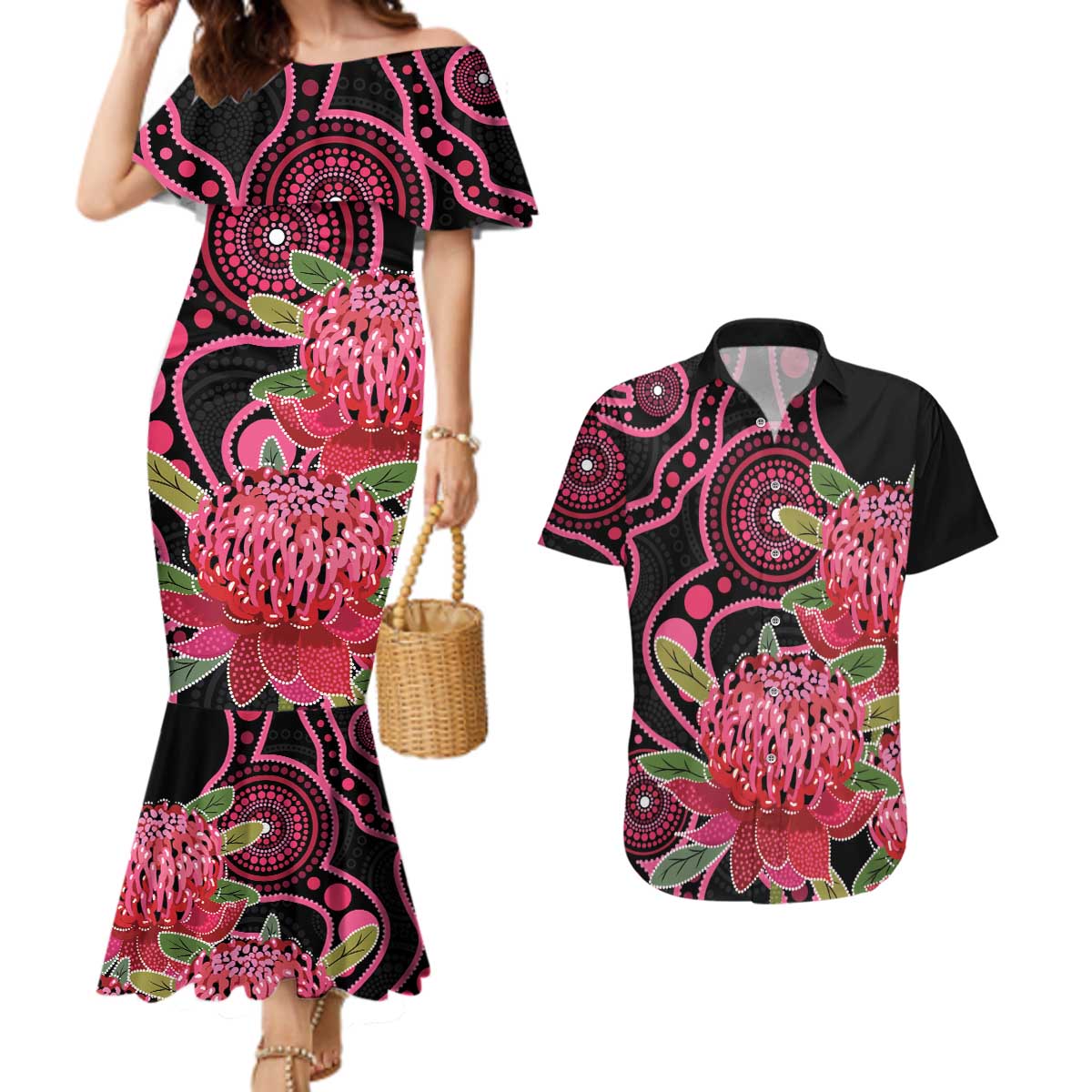 Australia Waratah Couples Matching Mermaid Dress and Hawaiian Shirt Telopea Aussie Native Flowers Indigenous Art - Aussie Hoodie