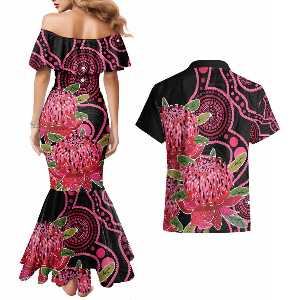 Australia Waratah Couples Matching Mermaid Dress and Hawaiian Shirt Telopea Aussie Native Flowers Indigenous Art - Aussie Hoodie