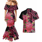 Australia Waratah Couples Matching Mermaid Dress and Hawaiian Shirt Telopea Aussie Native Flowers Indigenous Art - Aussie Hoodie
