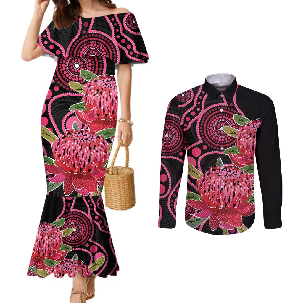 Australia Waratah Couples Matching Mermaid Dress and Long Sleeve Button Shirt Telopea Aussie Native Flowers Indigenous Art - Aussie Hoodie