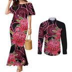 Australia Waratah Couples Matching Mermaid Dress and Long Sleeve Button Shirt Telopea Aussie Native Flowers Indigenous Art - Aussie Hoodie