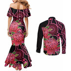 Australia Waratah Couples Matching Mermaid Dress and Long Sleeve Button Shirt Telopea Aussie Native Flowers Indigenous Art - Aussie Hoodie