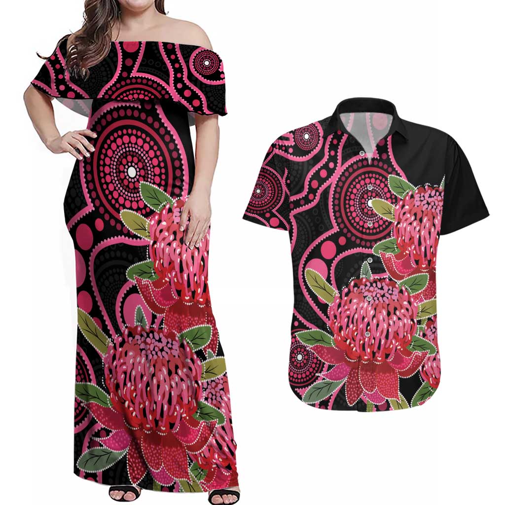 Australia Waratah Couples Matching Off Shoulder Maxi Dress and Hawaiian Shirt Telopea Aussie Native Flowers Indigenous Art - Aussie Hoodie
