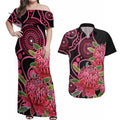 Australia Waratah Couples Matching Off Shoulder Maxi Dress and Hawaiian Shirt Telopea Aussie Native Flowers Indigenous Art - Aussie Hoodie