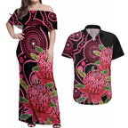 Australia Waratah Couples Matching Off Shoulder Maxi Dress and Hawaiian Shirt Telopea Aussie Native Flowers Indigenous Art - Aussie Hoodie