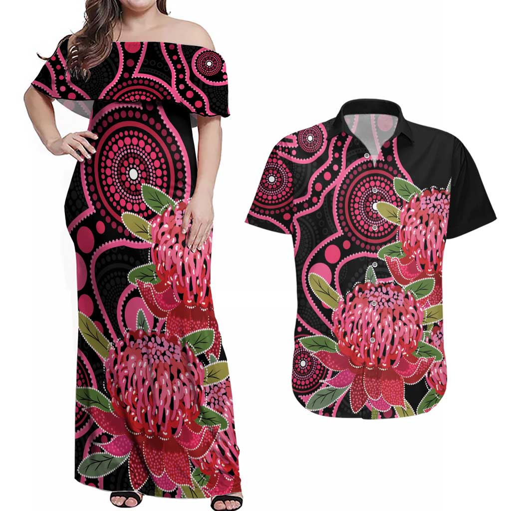 Australia Waratah Couples Matching Off Shoulder Maxi Dress and Hawaiian Shirt Telopea Aussie Native Flowers Indigenous Art - Aussie Hoodie