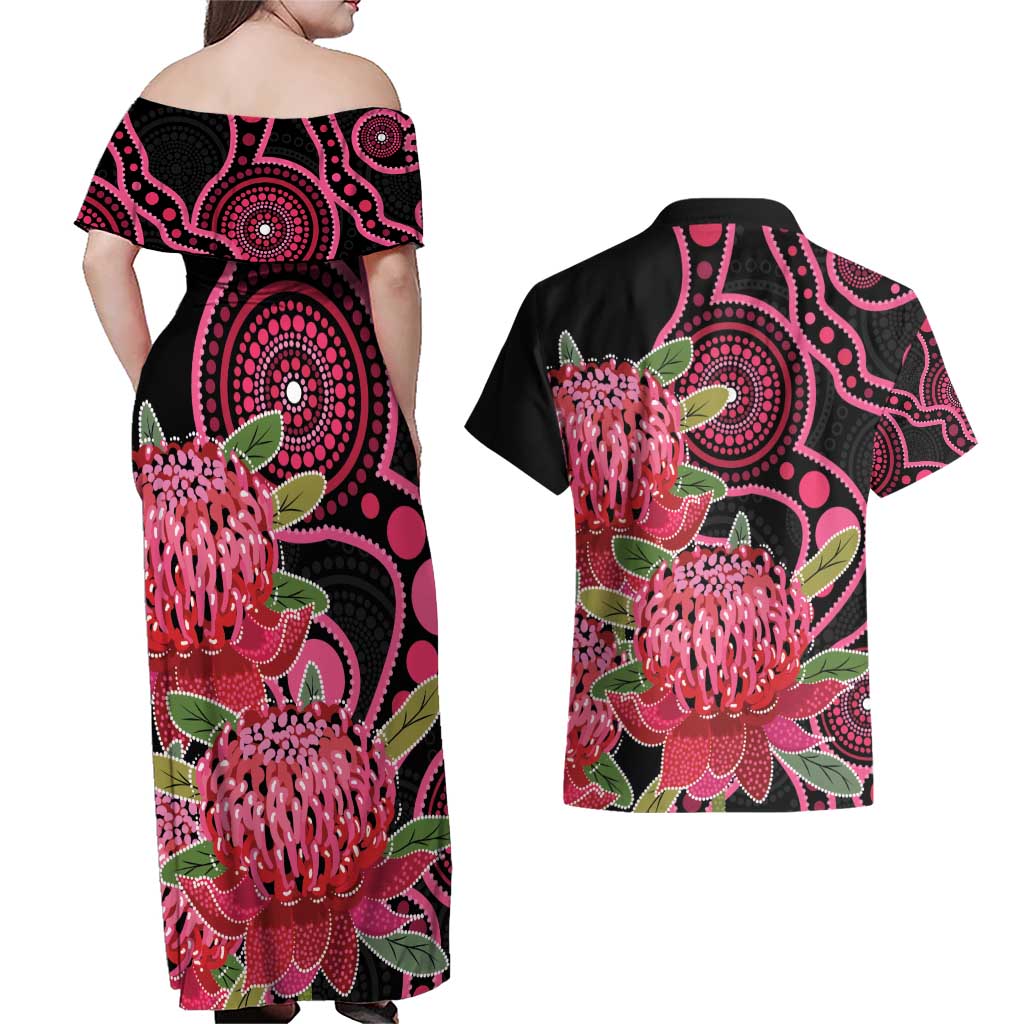 Australia Waratah Couples Matching Off Shoulder Maxi Dress and Hawaiian Shirt Telopea Aussie Native Flowers Indigenous Art - Aussie Hoodie