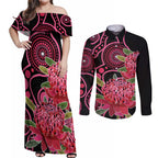 Australia Waratah Couples Matching Off Shoulder Maxi Dress and Long Sleeve Button Shirt Telopea Aussie Native Flowers Indigenous Art - Aussie Hoodie