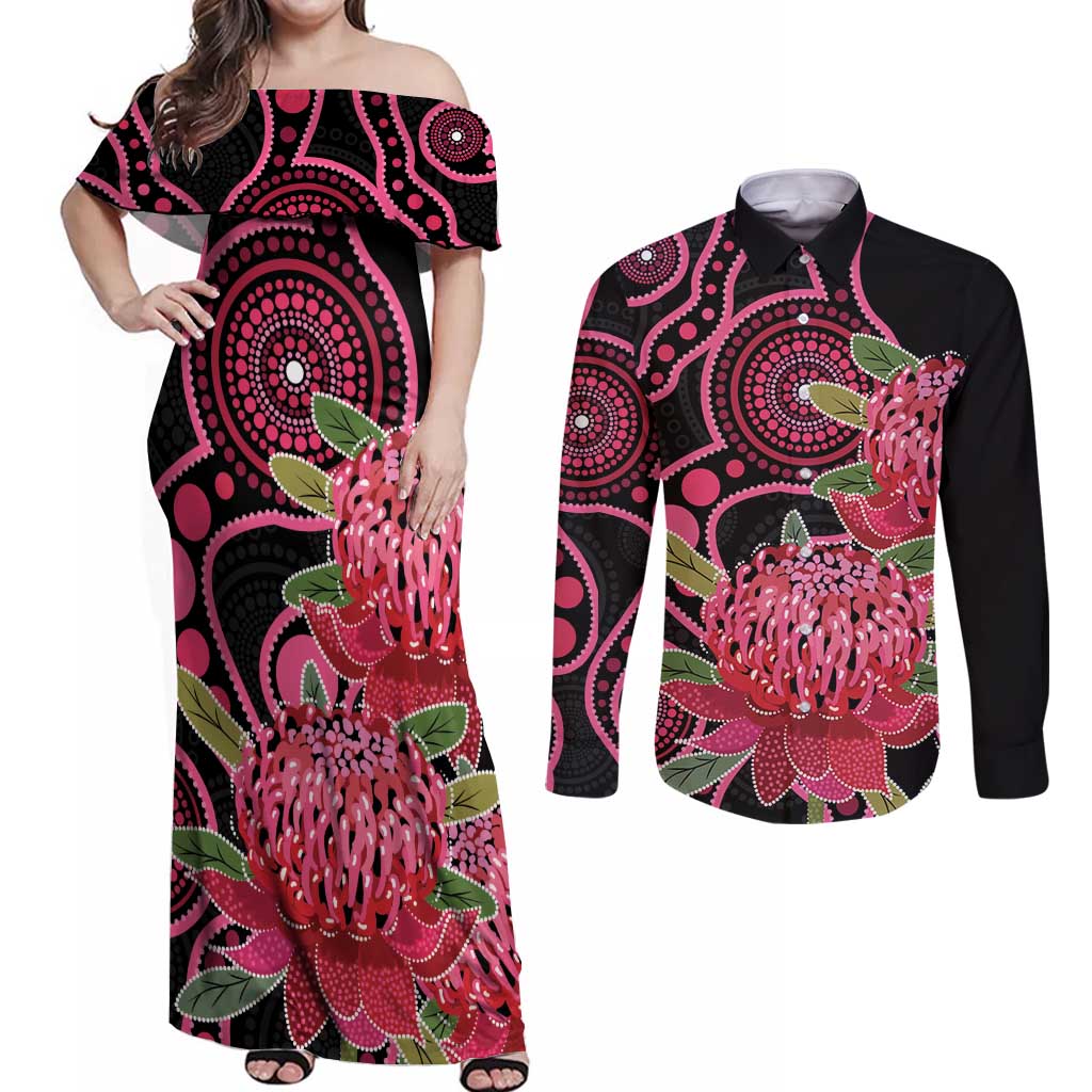 Australia Waratah Couples Matching Off Shoulder Maxi Dress and Long Sleeve Button Shirt Telopea Aussie Native Flowers Indigenous Art - Aussie Hoodie