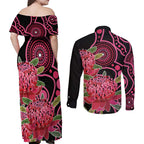 Australia Waratah Couples Matching Off Shoulder Maxi Dress and Long Sleeve Button Shirt Telopea Aussie Native Flowers Indigenous Art - Aussie Hoodie