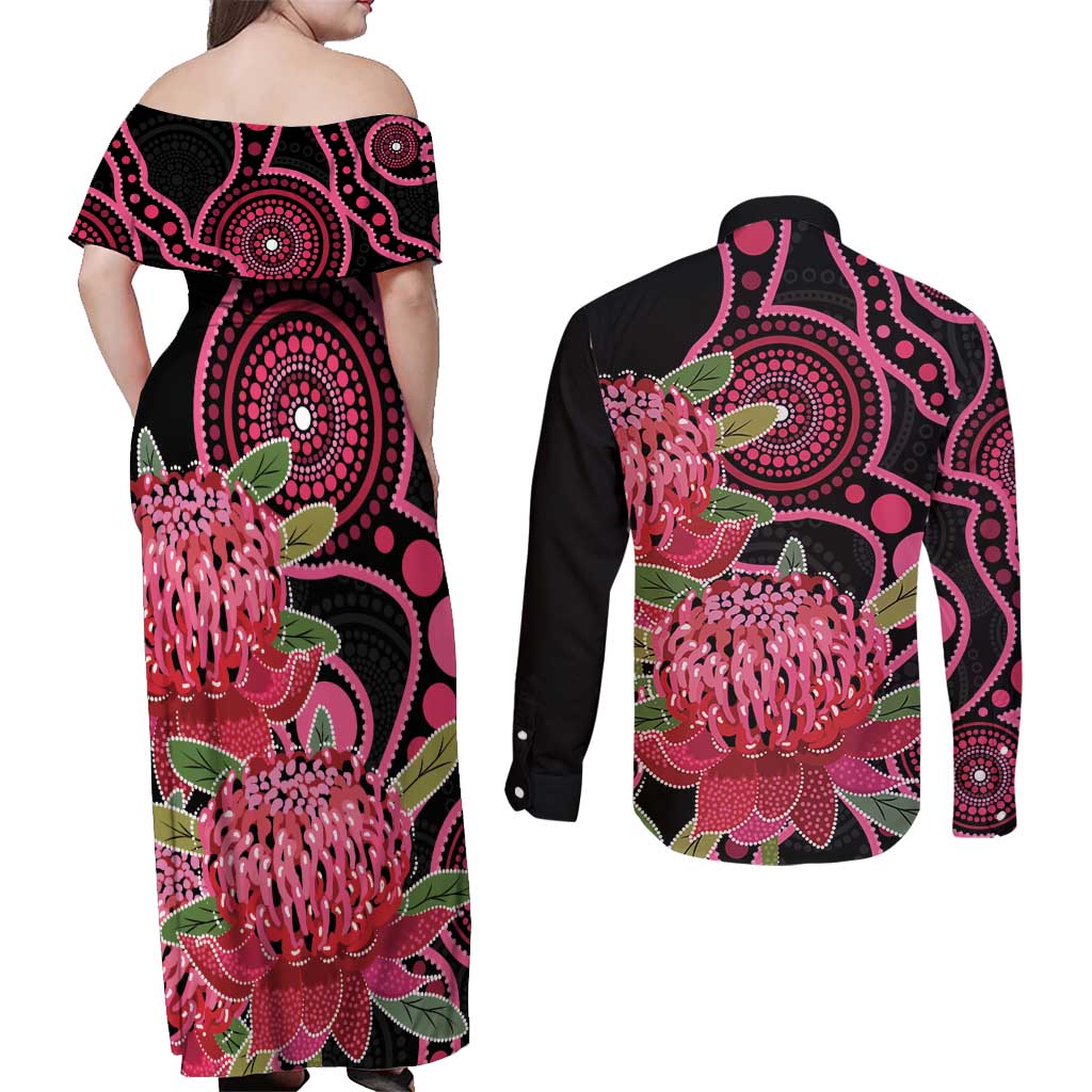 Australia Waratah Couples Matching Off Shoulder Maxi Dress and Long Sleeve Button Shirt Telopea Aussie Native Flowers Indigenous Art - Aussie Hoodie