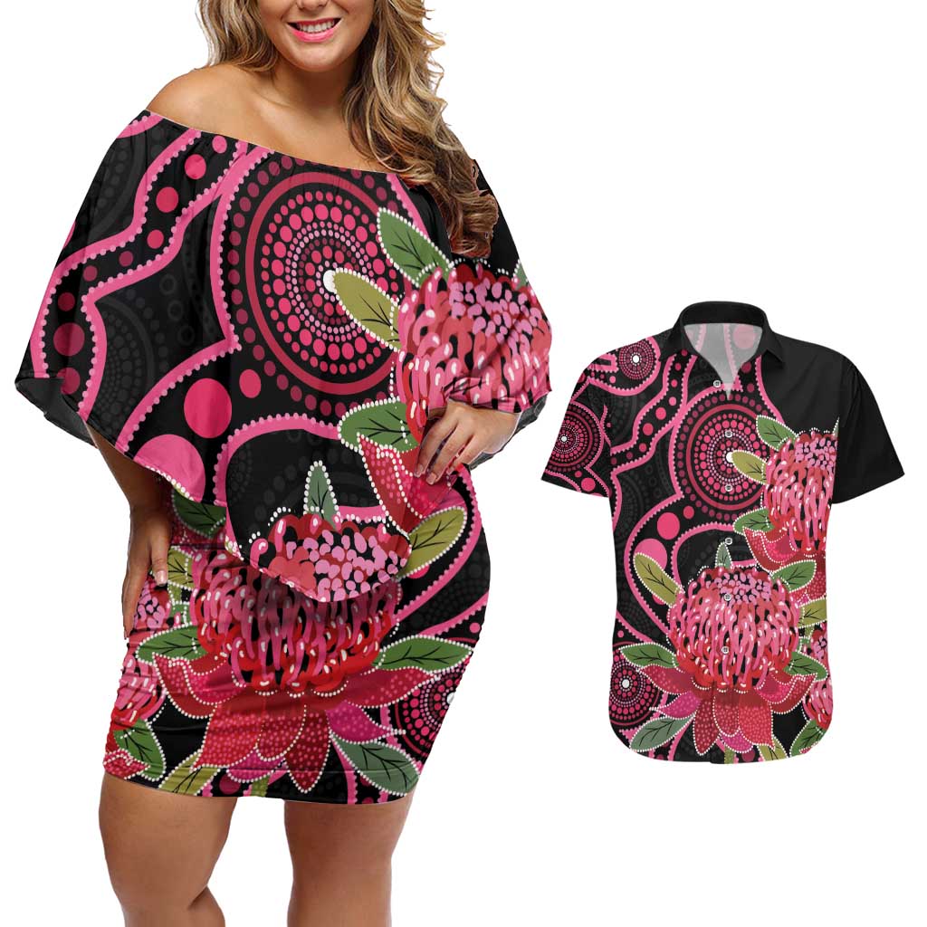 Australia Waratah Couples Matching Off Shoulder Short Dress and Hawaiian Shirt Telopea Aussie Native Flowers Indigenous Art - Aussie Hoodie