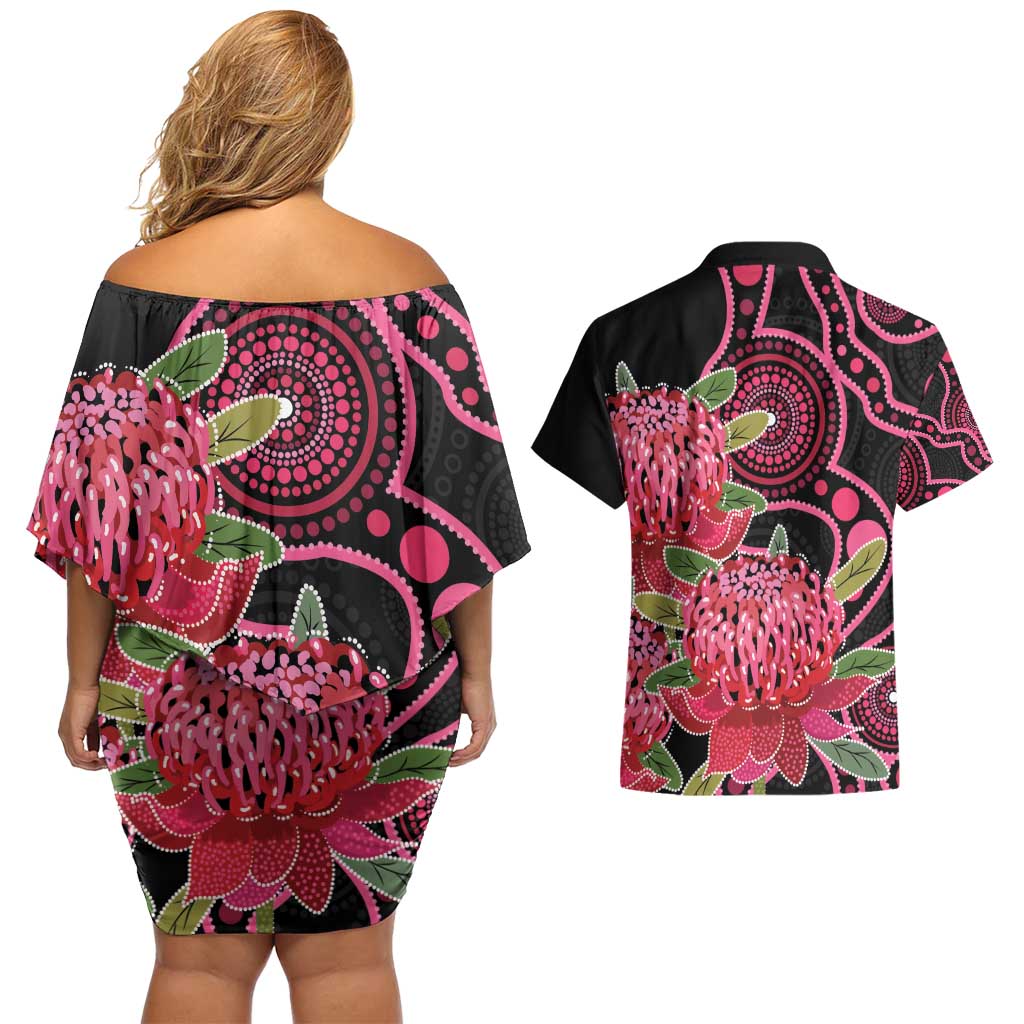 Australia Waratah Couples Matching Off Shoulder Short Dress and Hawaiian Shirt Telopea Aussie Native Flowers Indigenous Art - Aussie Hoodie