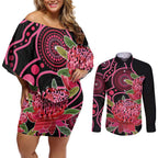 Australia Waratah Couples Matching Off Shoulder Short Dress and Long Sleeve Button Shirt Telopea Aussie Native Flowers Indigenous Art - Aussie Hoodie