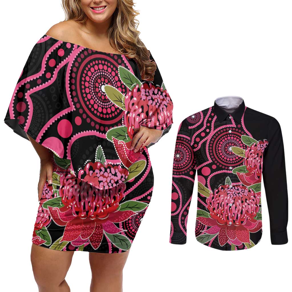 Australia Waratah Couples Matching Off Shoulder Short Dress and Long Sleeve Button Shirt Telopea Aussie Native Flowers Indigenous Art - Aussie Hoodie