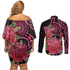 Australia Waratah Couples Matching Off Shoulder Short Dress and Long Sleeve Button Shirt Telopea Aussie Native Flowers Indigenous Art - Aussie Hoodie