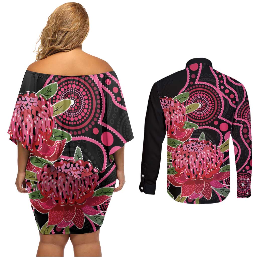 Australia Waratah Couples Matching Off Shoulder Short Dress and Long Sleeve Button Shirt Telopea Aussie Native Flowers Indigenous Art - Aussie Hoodie