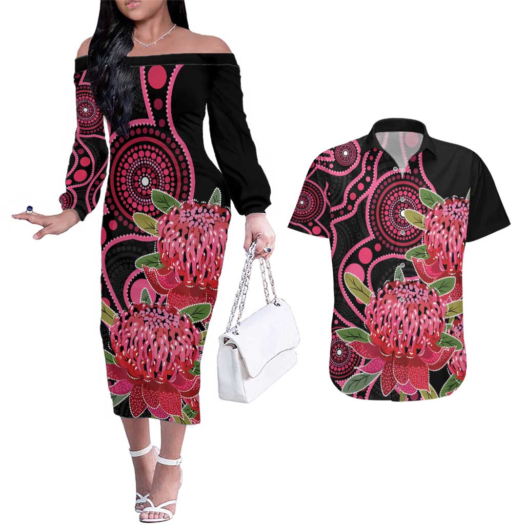 Australia Waratah Couples Matching Off The Shoulder Long Sleeve Dress and Hawaiian Shirt Telopea Aussie Native Flowers Indigenous Art - Aussie Hoodie