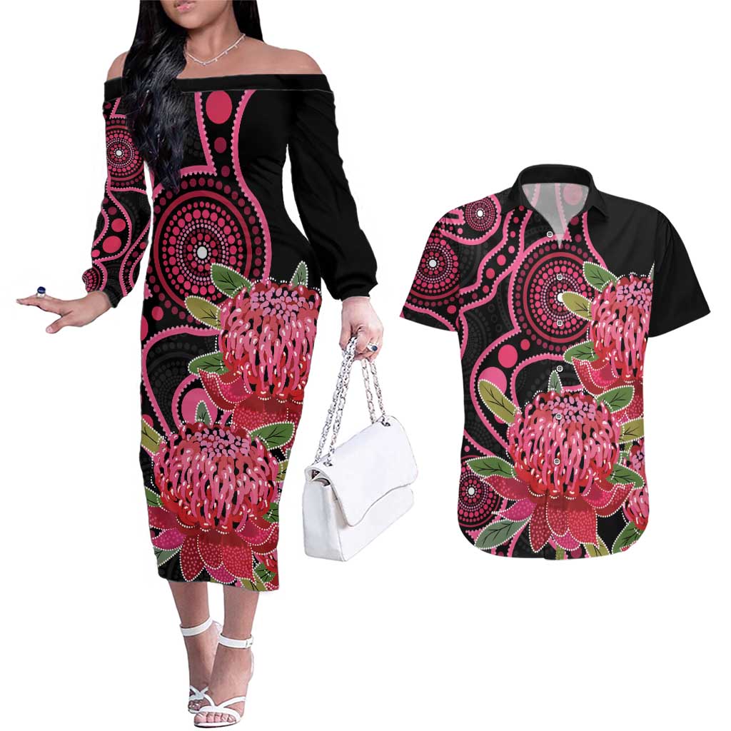 Australia Waratah Couples Matching Off The Shoulder Long Sleeve Dress and Hawaiian Shirt Telopea Aussie Native Flowers Indigenous Art - Aussie Hoodie