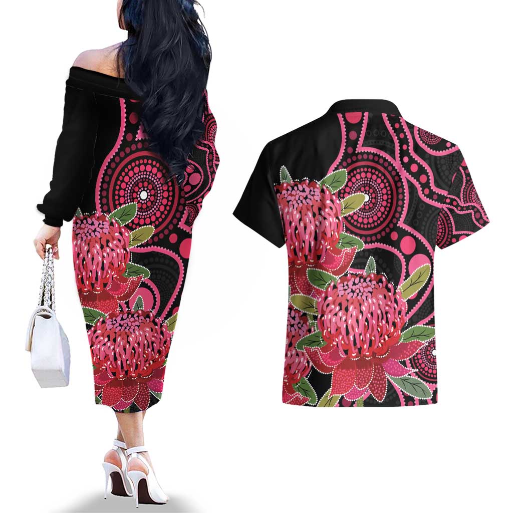 Australia Waratah Couples Matching Off The Shoulder Long Sleeve Dress and Hawaiian Shirt Telopea Aussie Native Flowers Indigenous Art - Aussie Hoodie