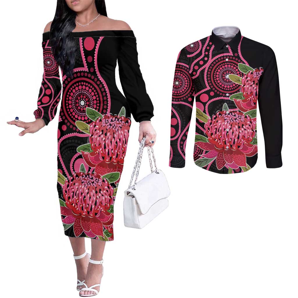 Australia Waratah Couples Matching Off The Shoulder Long Sleeve Dress and Long Sleeve Button Shirt Telopea Aussie Native Flowers Indigenous Art - Aussie Hoodie