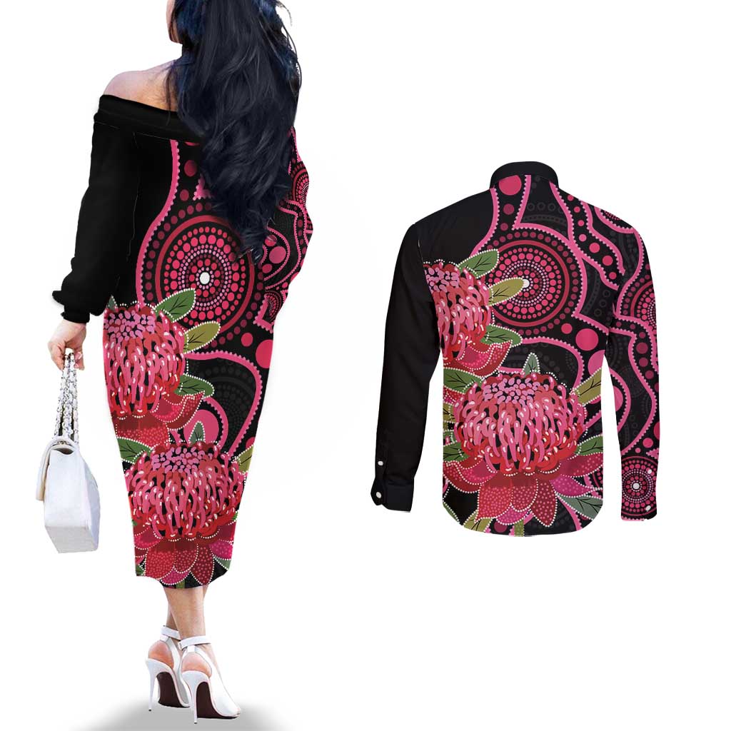 Australia Waratah Couples Matching Off The Shoulder Long Sleeve Dress and Long Sleeve Button Shirt Telopea Aussie Native Flowers Indigenous Art - Aussie Hoodie