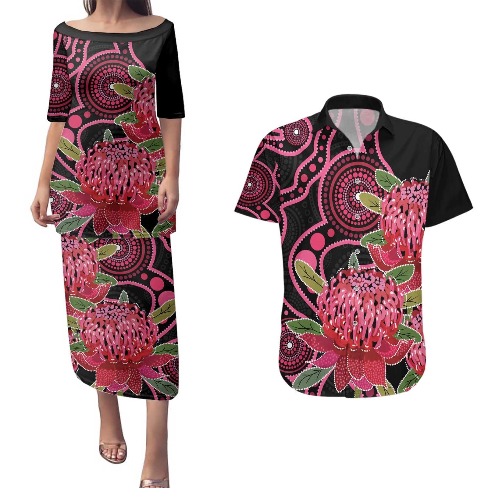 Australia Waratah Couples Matching Puletasi and Hawaiian Shirt Telopea Aussie Native Flowers Indigenous Art - Aussie Hoodie