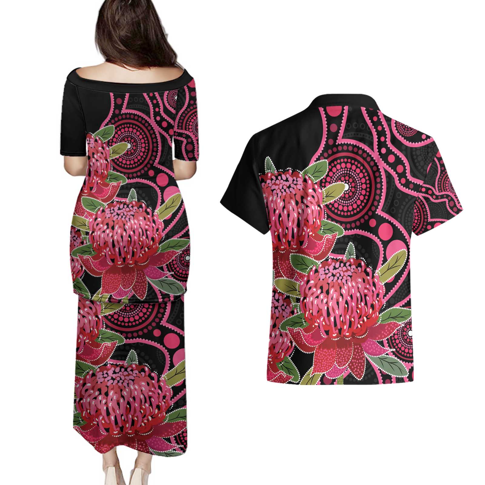Australia Waratah Couples Matching Puletasi and Hawaiian Shirt Telopea Aussie Native Flowers Indigenous Art - Aussie Hoodie