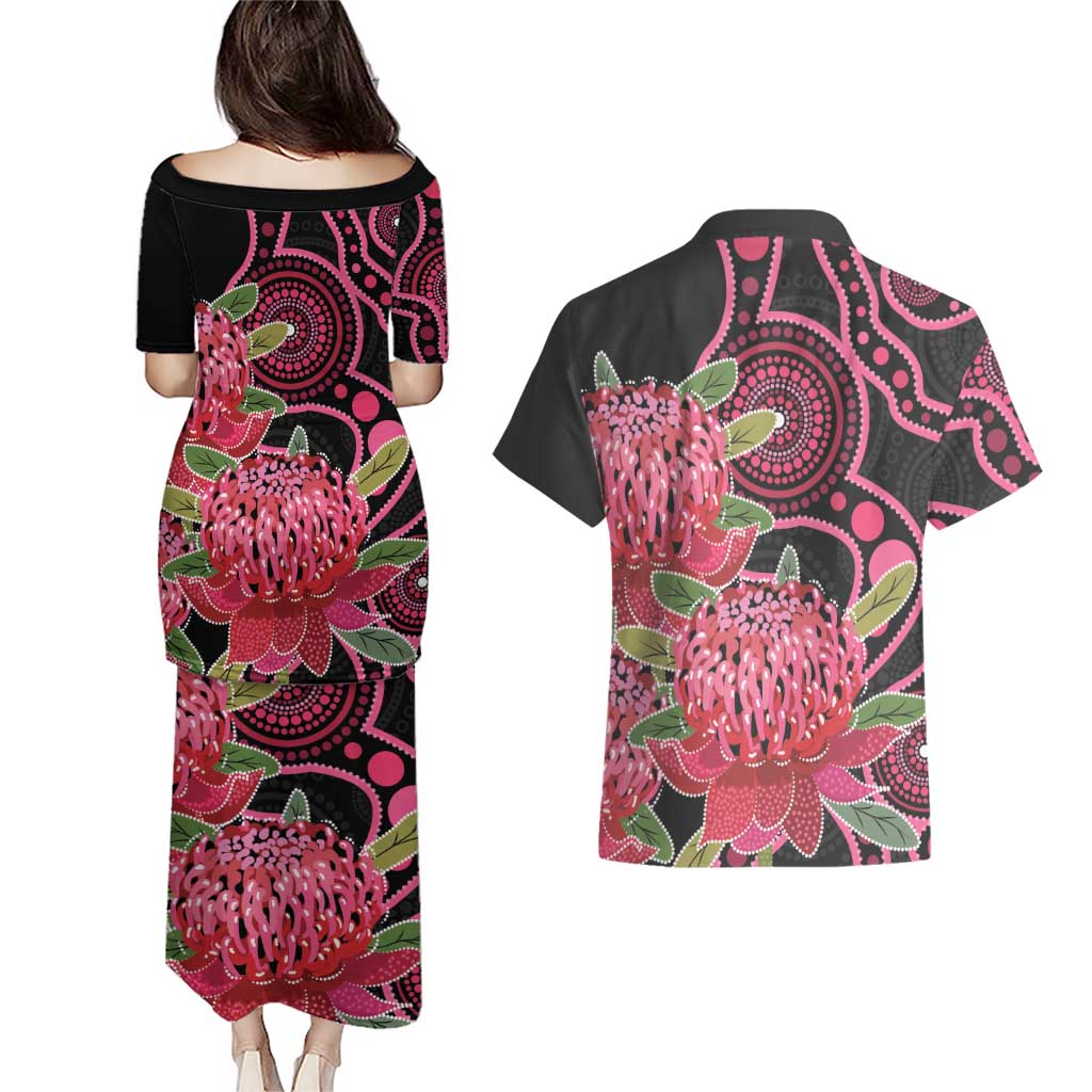 Australia Waratah Couples Matching Puletasi and Hawaiian Shirt Telopea Aussie Native Flowers Indigenous Art - Aussie Hoodie