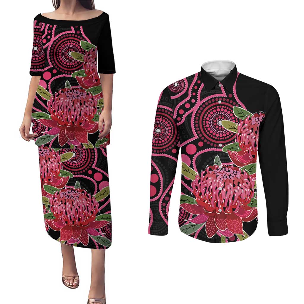 Australia Waratah Couples Matching Puletasi and Long Sleeve Button Shirt Telopea Aussie Native Flowers Indigenous Art - Aussie Hoodie