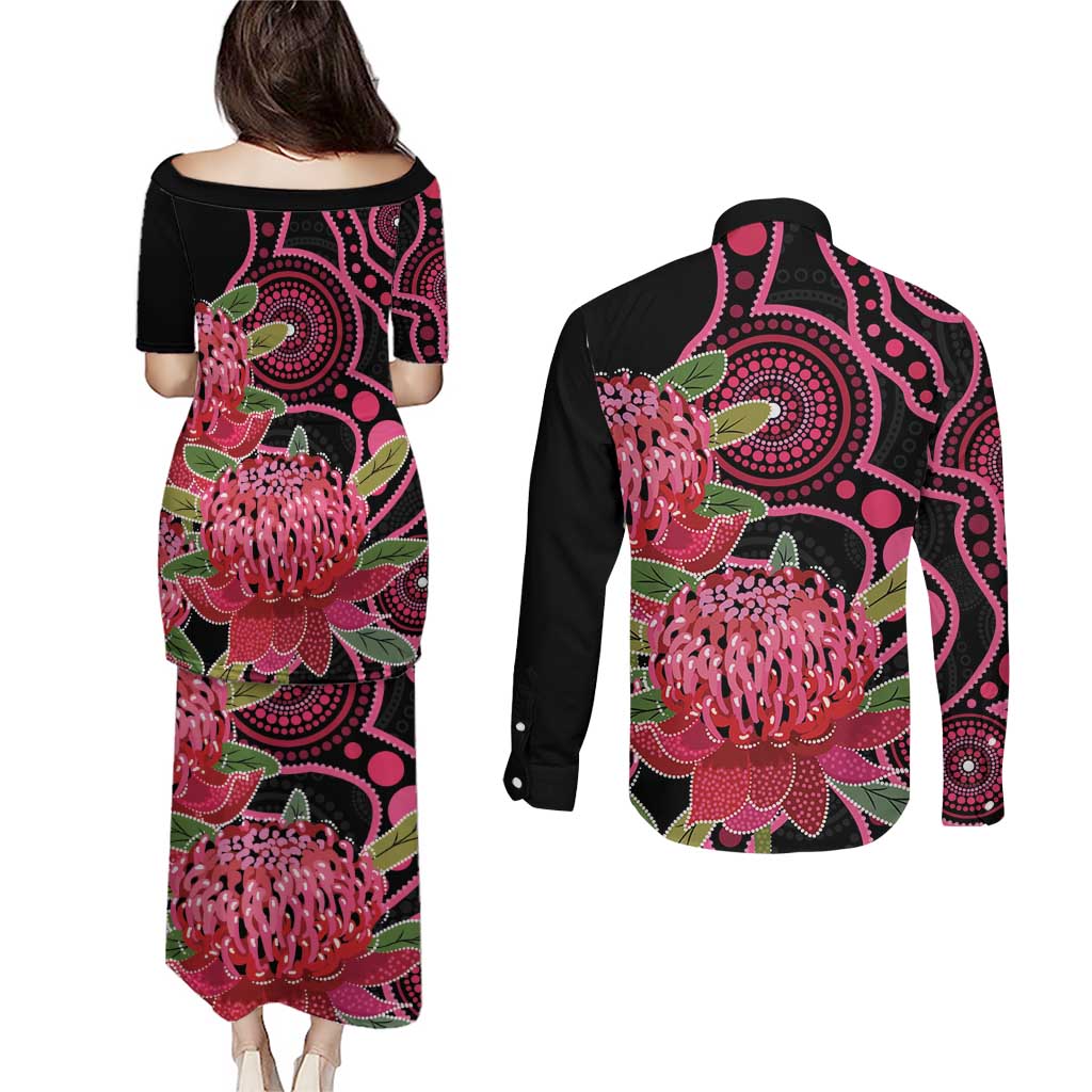 Australia Waratah Couples Matching Puletasi and Long Sleeve Button Shirt Telopea Aussie Native Flowers Indigenous Art - Aussie Hoodie