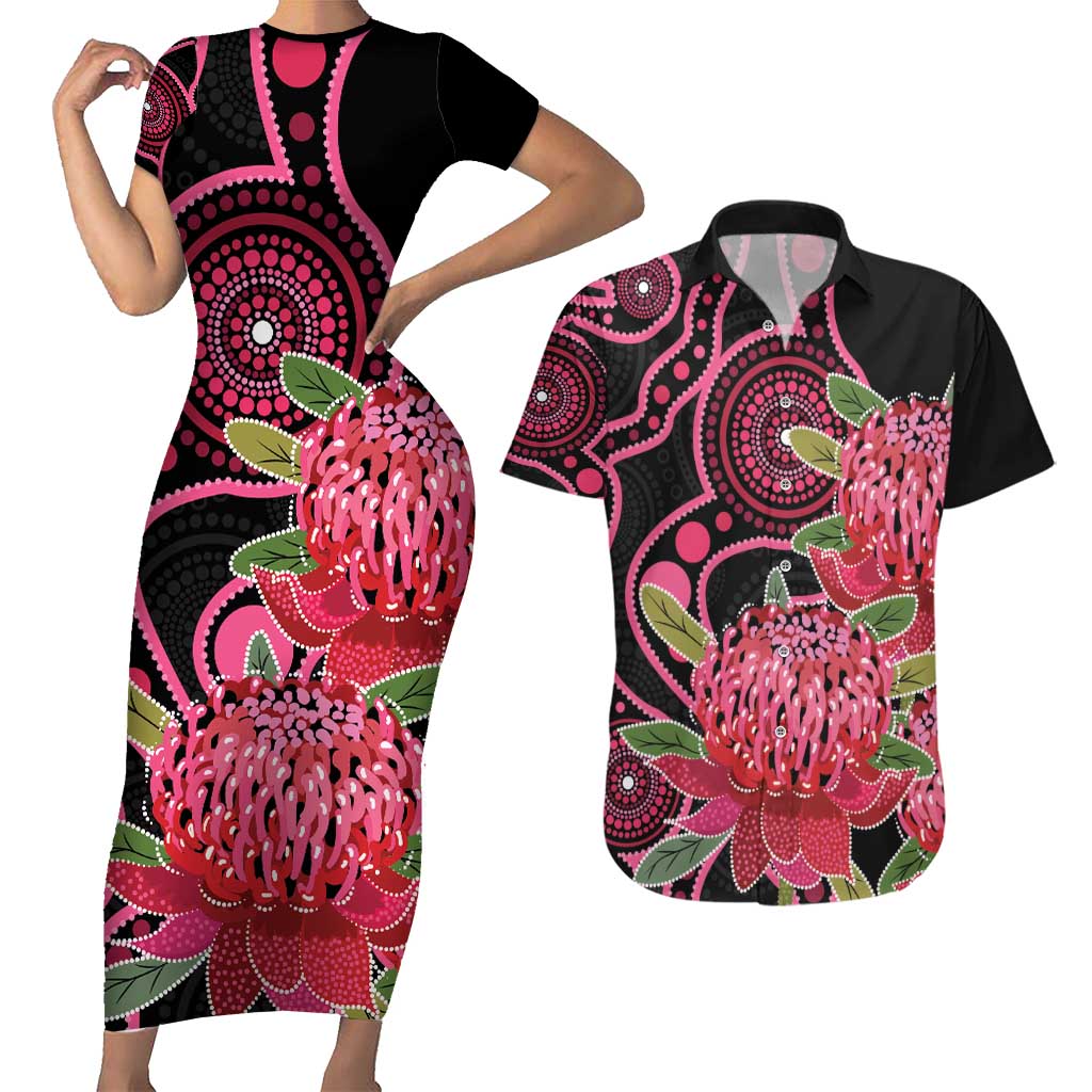 Australia Waratah Couples Matching Short Sleeve Bodycon Dress and Hawaiian Shirt Telopea Aussie Native Flowers Indigenous Art - Aussie Hoodie