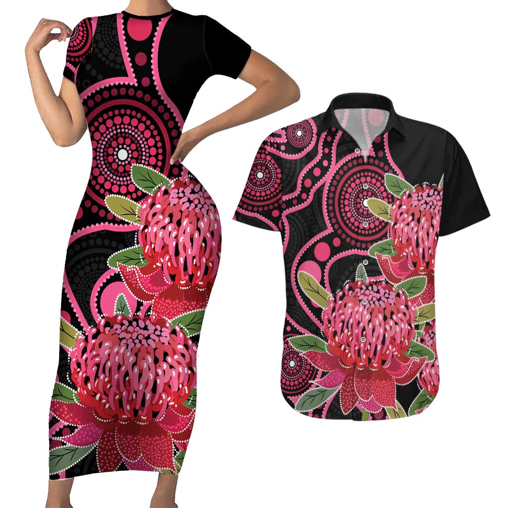 Australia Waratah Couples Matching Short Sleeve Bodycon Dress and Hawaiian Shirt Telopea Aussie Native Flowers Indigenous Art - Aussie Hoodie