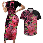 Australia Waratah Couples Matching Short Sleeve Bodycon Dress and Hawaiian Shirt Telopea Aussie Native Flowers Indigenous Art - Aussie Hoodie