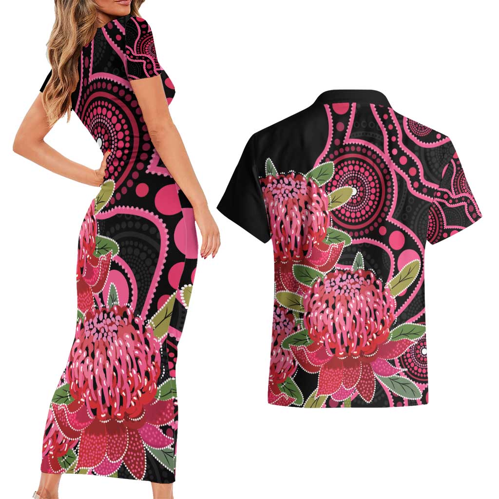 Australia Waratah Couples Matching Short Sleeve Bodycon Dress and Hawaiian Shirt Telopea Aussie Native Flowers Indigenous Art - Aussie Hoodie