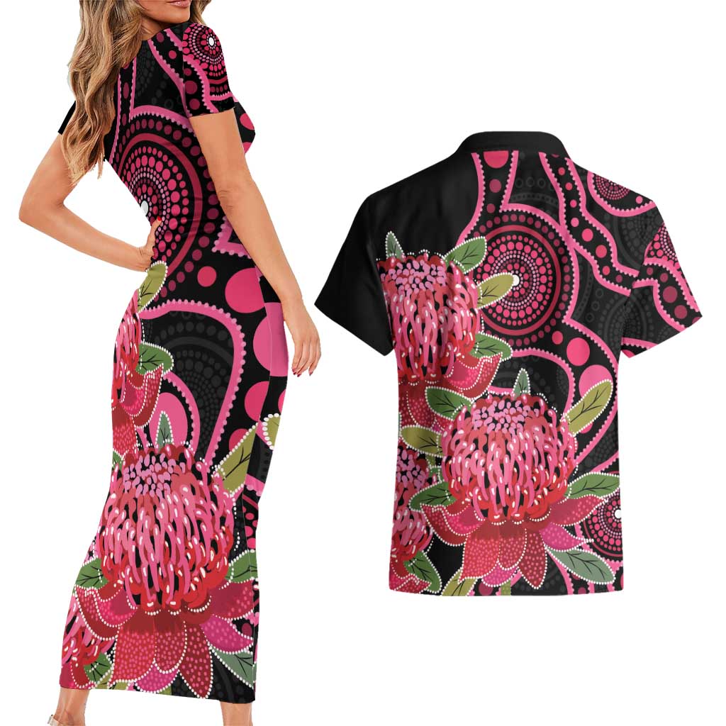 Australia Waratah Couples Matching Short Sleeve Bodycon Dress and Hawaiian Shirt Telopea Aussie Native Flowers Indigenous Art - Aussie Hoodie