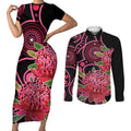 Australia Waratah Couples Matching Short Sleeve Bodycon Dress and Long Sleeve Button Shirt Telopea Aussie Native Flowers Indigenous Art - Aussie Hoodie