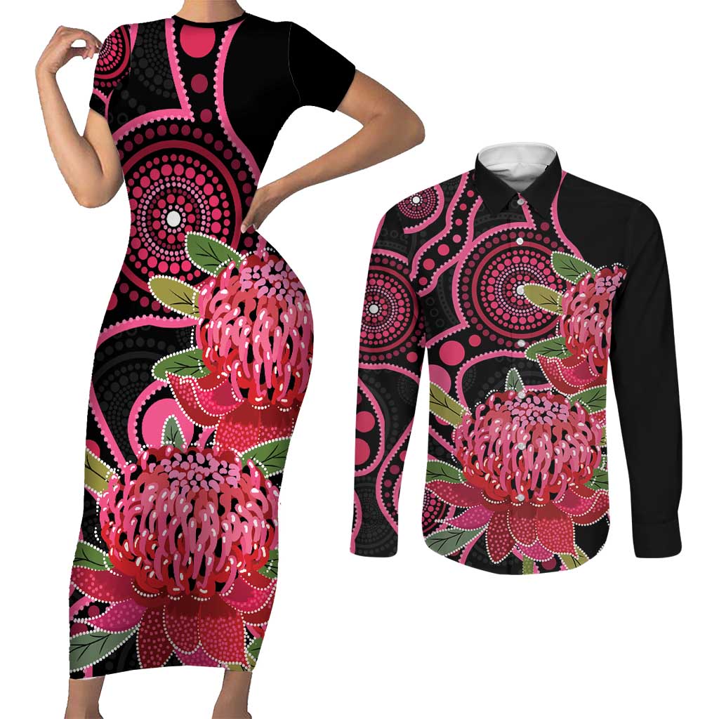Australia Waratah Couples Matching Short Sleeve Bodycon Dress and Long Sleeve Button Shirt Telopea Aussie Native Flowers Indigenous Art - Aussie Hoodie